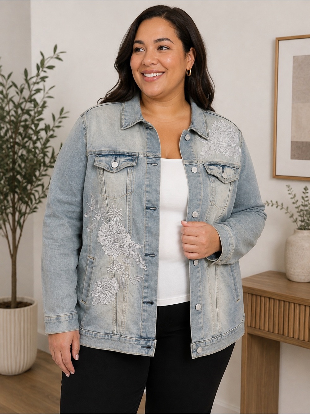 Lularoe Jaxon Blue Denim Jacket White Floral Embroidered Large Western Romantic